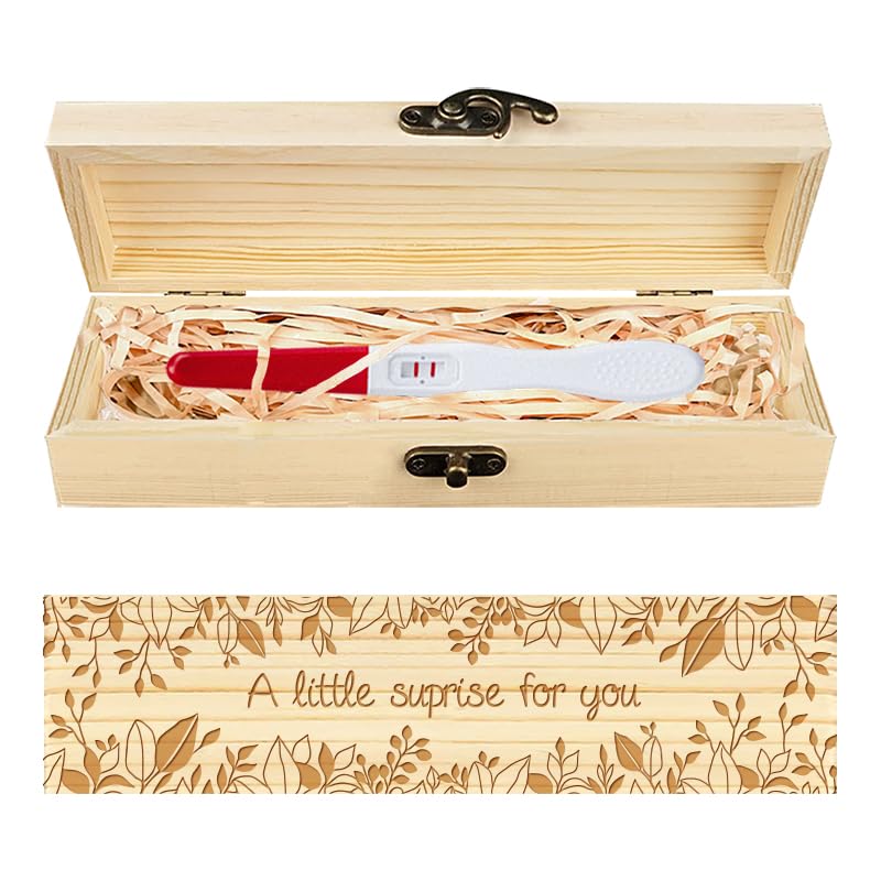 CHGCRAFT Pregnancy Test Keepsake Box Eucalyptus Leaves Wooden Pregnancy Announcement Gifts Box with Raffia Ribbon and Lock Announcement Gifts for Dad Husband, 8x2x1.2 inch