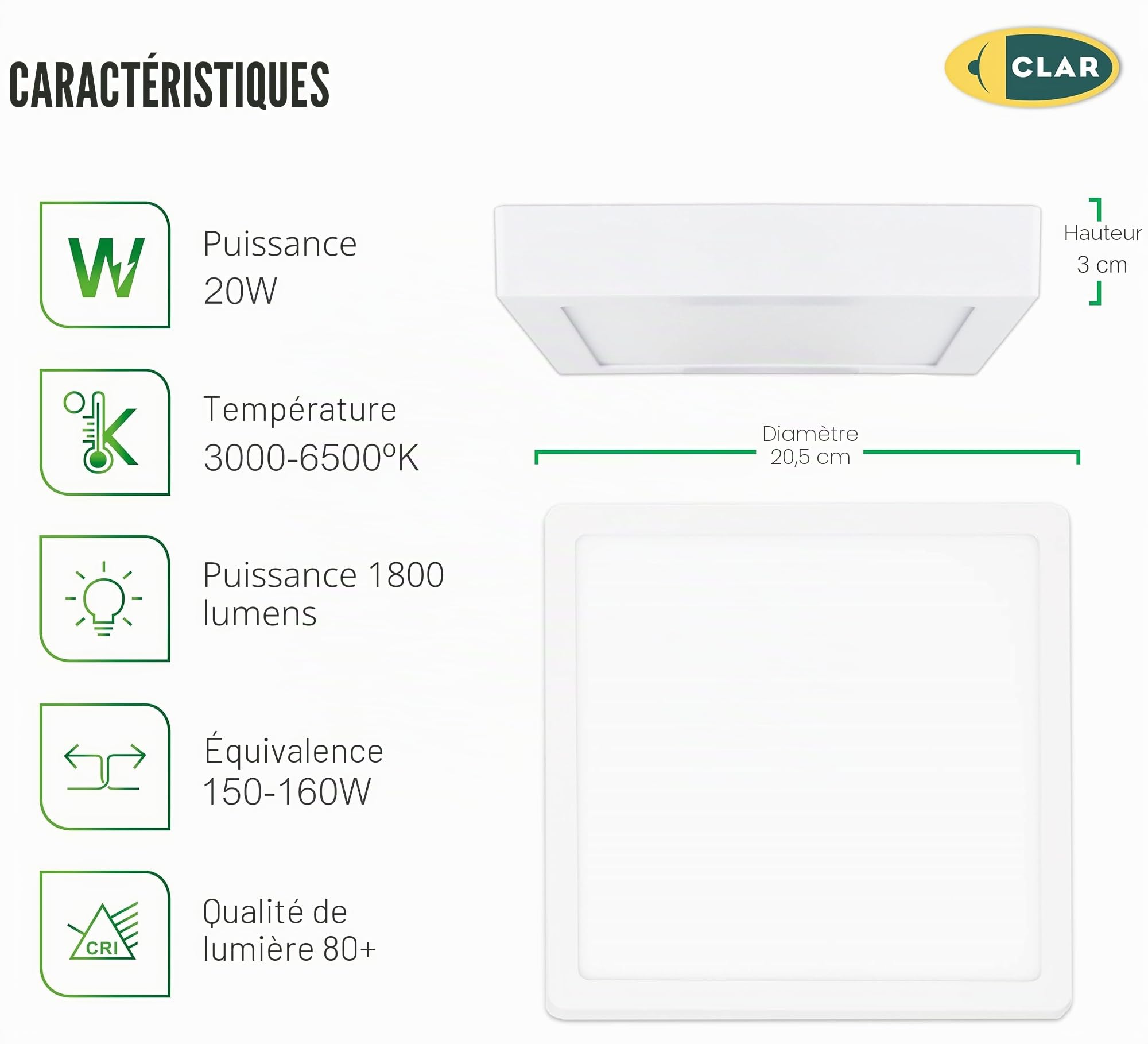CLAR - Lot de 5 plafonniers LED carrés 20 W pour salle de bain, couloir
