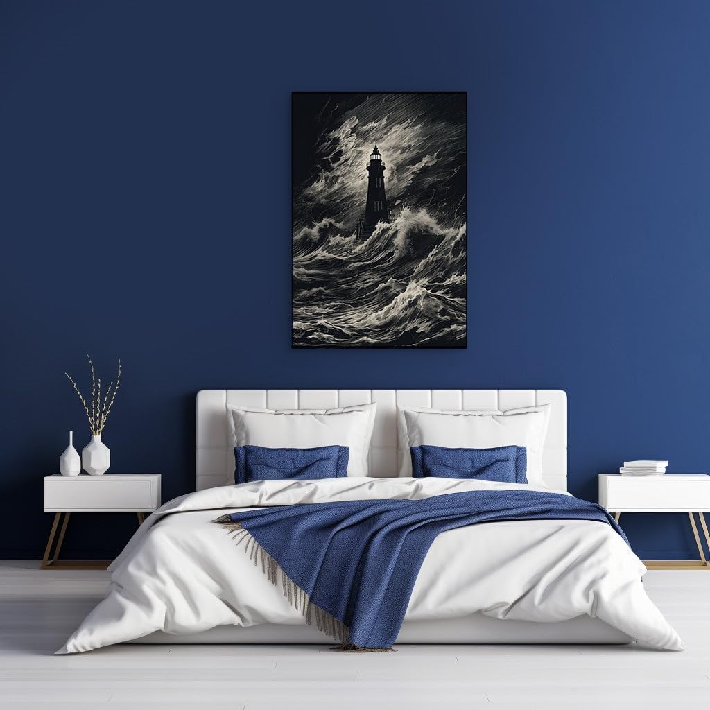 Canvas for Living room. Lighthouse Resilience: Illuminating Hope Amidst a Turbulent Sea, 27 x 18 inch Canvas Wall Art - Contemporary Masterpieces - Modern Home Decor