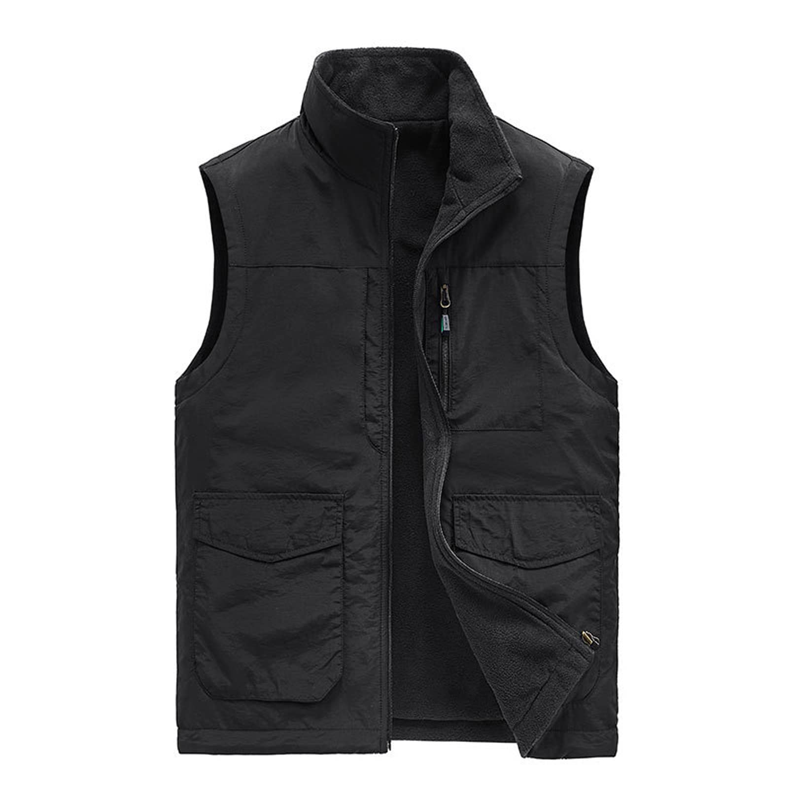Chaleco de forro polar reversible con múltiples bolsillos para hombre Outwear al aire libre Casual Zip Up Chaleco de pesca Chaqueta Reporteros Fotografía Abrigo de viaje negro-L