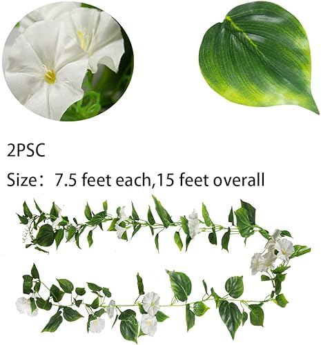 Miniatura 2 de FERIAL Vines artificiales para decoración con flores, 2 piezas de plantas colgantes, guirnalda de seda blanca de gloria de la mañana, plantas