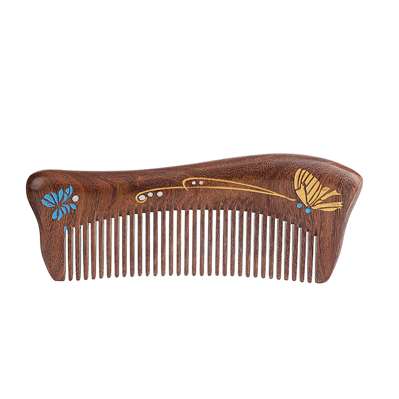 Peine de madera de sándalo, hecho a mano, peine de madera de sándalo, antiestático, peine de pelo de dientes finos para mujer, peine para barba, buen regalo (mariposa pintada)