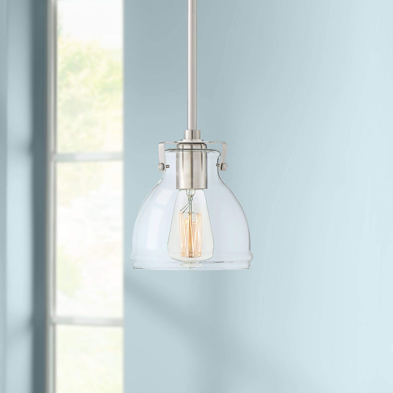 Possini Euro Design Bellis – Mini lámpara colgante de níquel cepillado de 6 12 pulgadas de ancho, moderna, industrial de cristal transparente, para