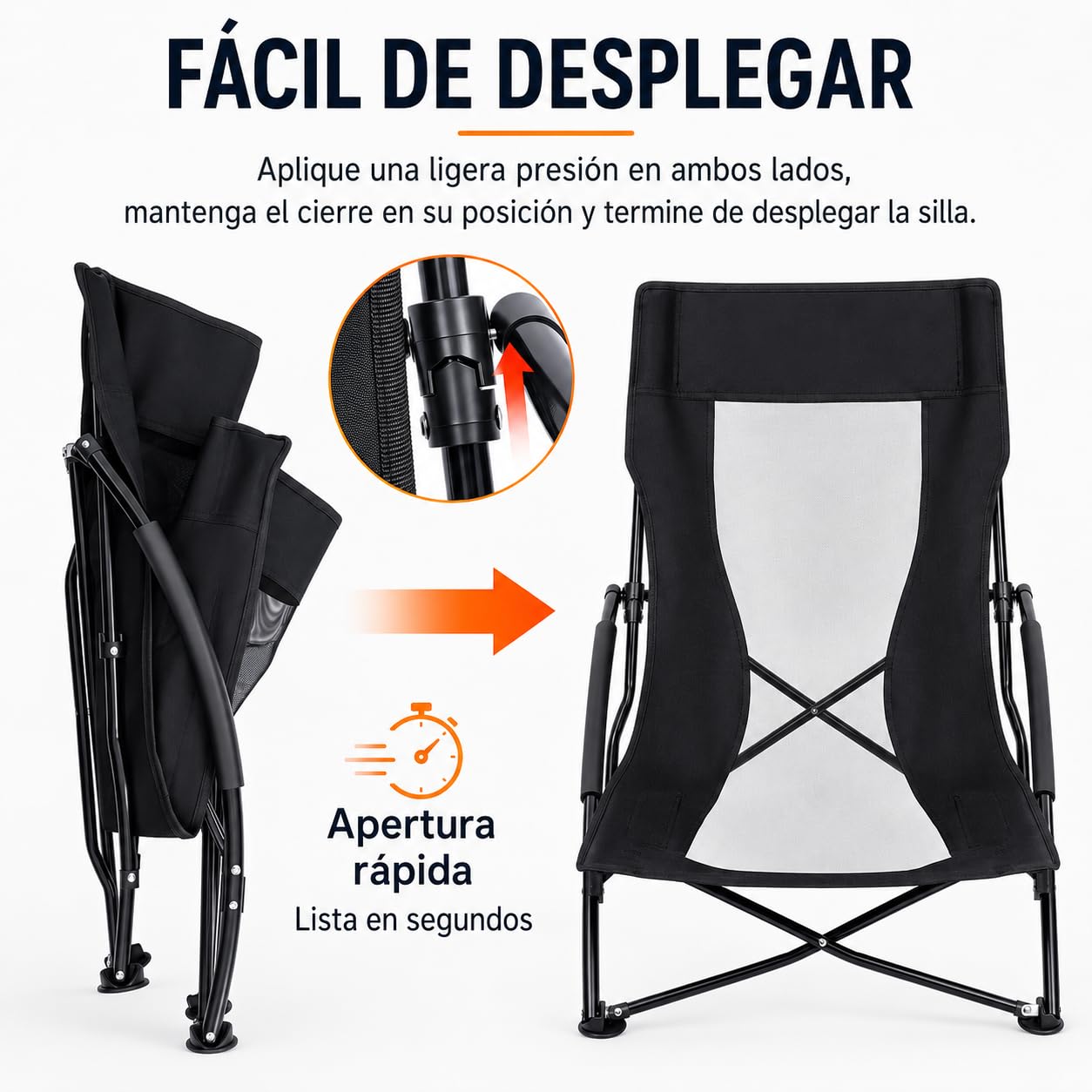 T-LOVENDO.ES Silla Plegable Baja de Playa y Camping/Portátil y Compacta/Respaldo Transpirable/Reposabrazos Acolchados/Estructura de Acero Robusta/Patas Antideslizantes/hasta 150 kg