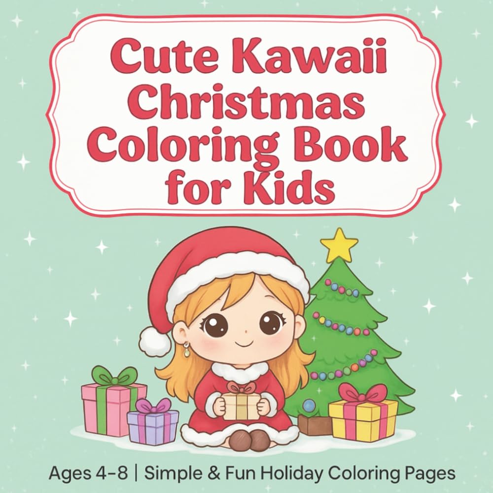 Cute Kawaii Christmas Coloring Book for Kids: Simple & Fun Holiday Coloring Pages with Cute Kawaii Animals for Kids Ages 4–8