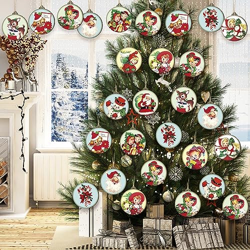 Image of 24 Pcs Christmas Wood Ornaments Vintage Christmas Decorations for Tree Xmas Santa Claus Bell Candy Cane Wood Cutout Winter Hanging Tag Sign Christmas Decor for Christmas Tree Holiday Party Home