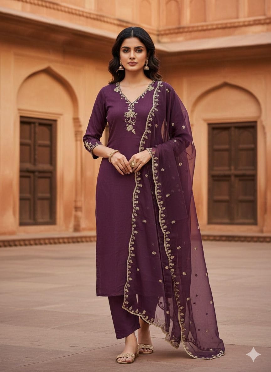 Embroidered Kurta Set with Purple Dupatta, Traditional Indian Ethnic Wear, 3/4 Sleeve-picture-37