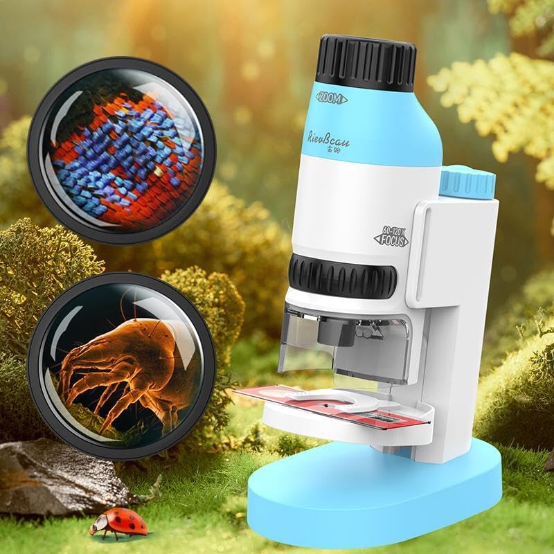 Image of Tobo Portable Pocket Microscope with Adjustable Zoom 60-120x, Handheld Scientific Experimental Equipment (Sky Blue and White) TD-1017IM