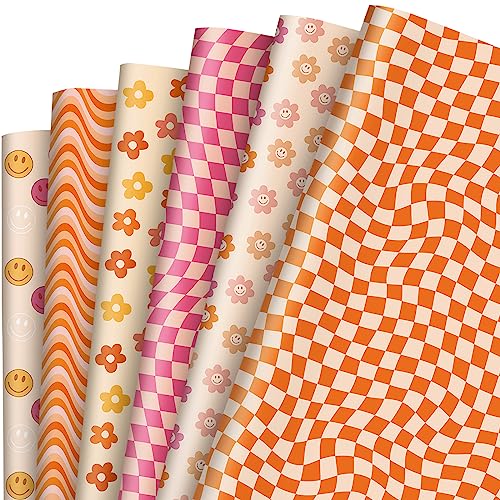 Whaline 12Pcs Retro Groovy Wrapping Paper Boho Daisy Face Checkered Gift Wrap Bulk Art Paper Folded Flat for Baby Shower Birthday Wedding DIY Crafts Gift Packing 19.7 x 27.6 Inch