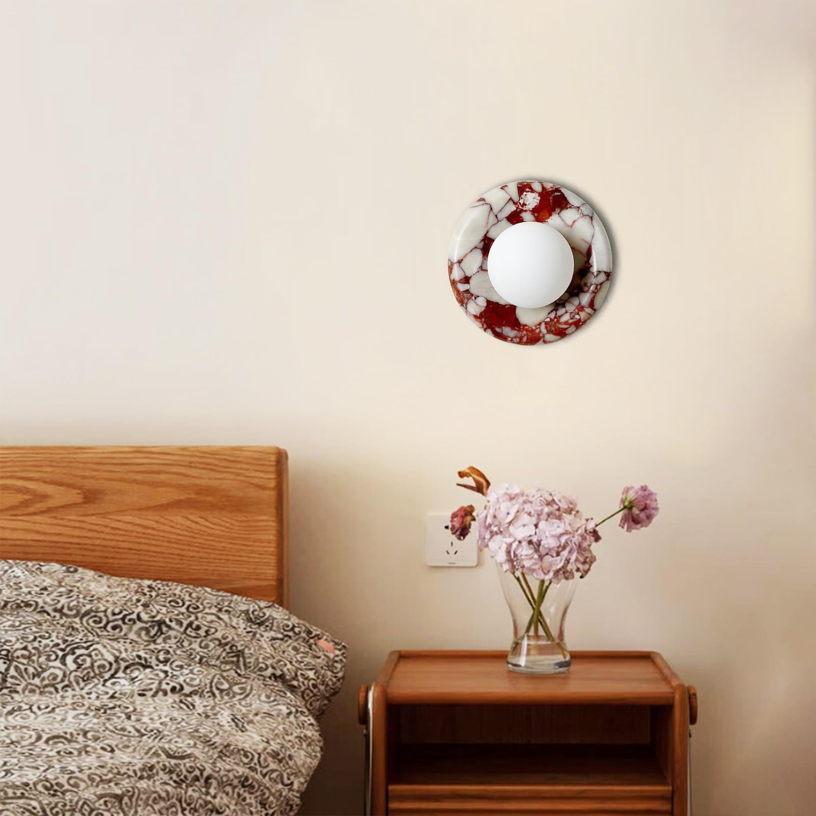 Naturalny marmurowy kinkiet, 20 cm okrągły alabastrowy kamienny kinkiet, G9 Łazienka Vanity Oprawa oświetleniowa Sypialnia Salon Przedpokój Schody Wystrój jadalni(Red)