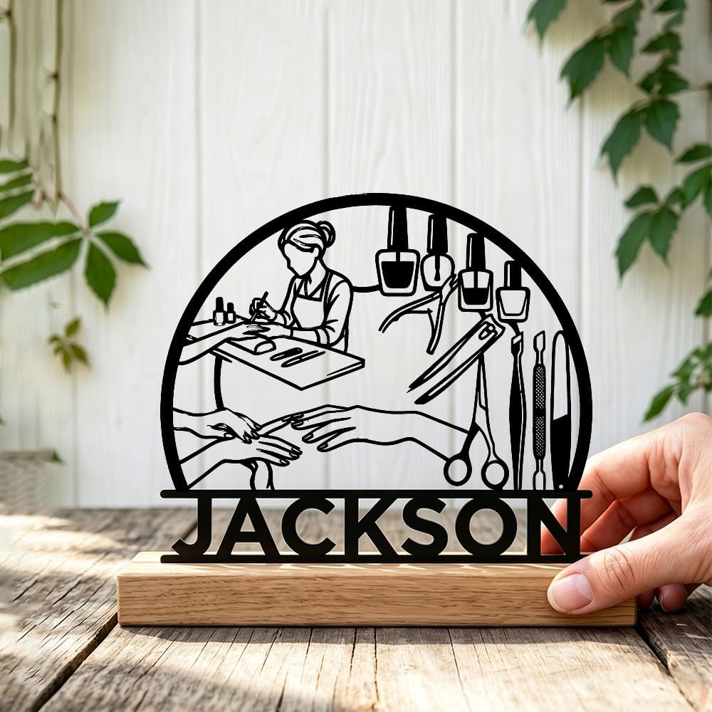 Custom Nail Tech Metal Sign with Wooden Base Personalized Manicure Studio image 4