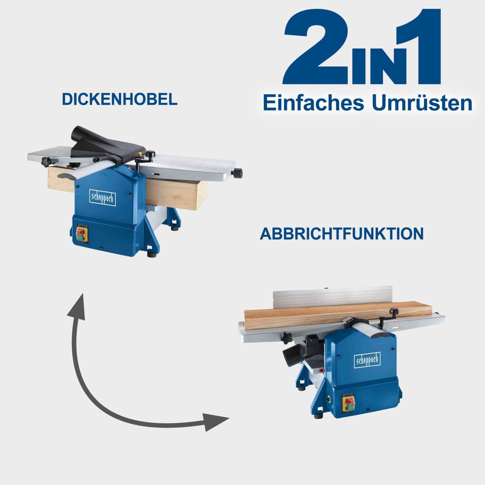 Scheppach Raboteuse & Dégauchisseuse HMS1080 | Puissance 1500W | Largeur de rabotage 254 mm | Hauteur de passage : 120mm | Vitesse de rotation des fers 9000 min-1 | Plus 2 fers supplémentaires