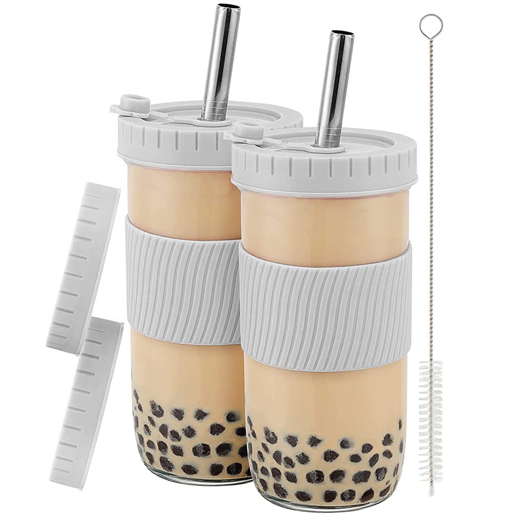 Reusable Bubble Tea Cup 2 Pack, 600ml Wide Mouth Smoothie Cups with Lid, Silicone Sleeve & Angled Wide Straws, Leakproof Glass Mason Jars Drinking Water Bottle Travel Tumbler for Large Pearl