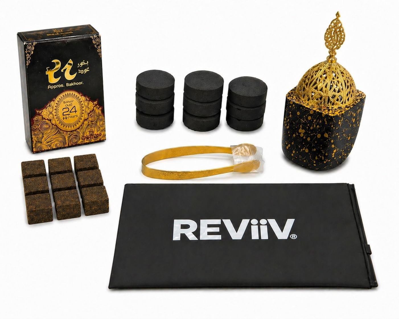 Oud Bakhoor Burner Set with 12 Incense Bricks, 10 Charcoal Tablets & Tongs – Arabian Oudh Incense Burner for Home Fragrance, Eid Ramadan Gift Set
