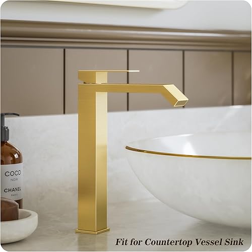 Miniatura 2 de Phiestina FH05-BG-V - Grifo de baño de oro cepillado, grifo de lavabo de latón con un solo agujero, cascada sobre mostrador, con drenaje desplegable