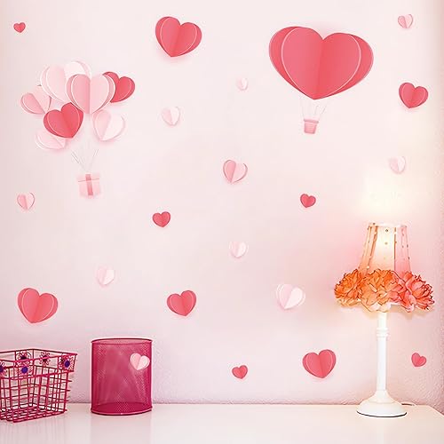Adhesivos de pared de globo aerostático de corazón rosa, calcomanías de pared románticas de sacinora San Valentín, vinilo extraíble para boda,