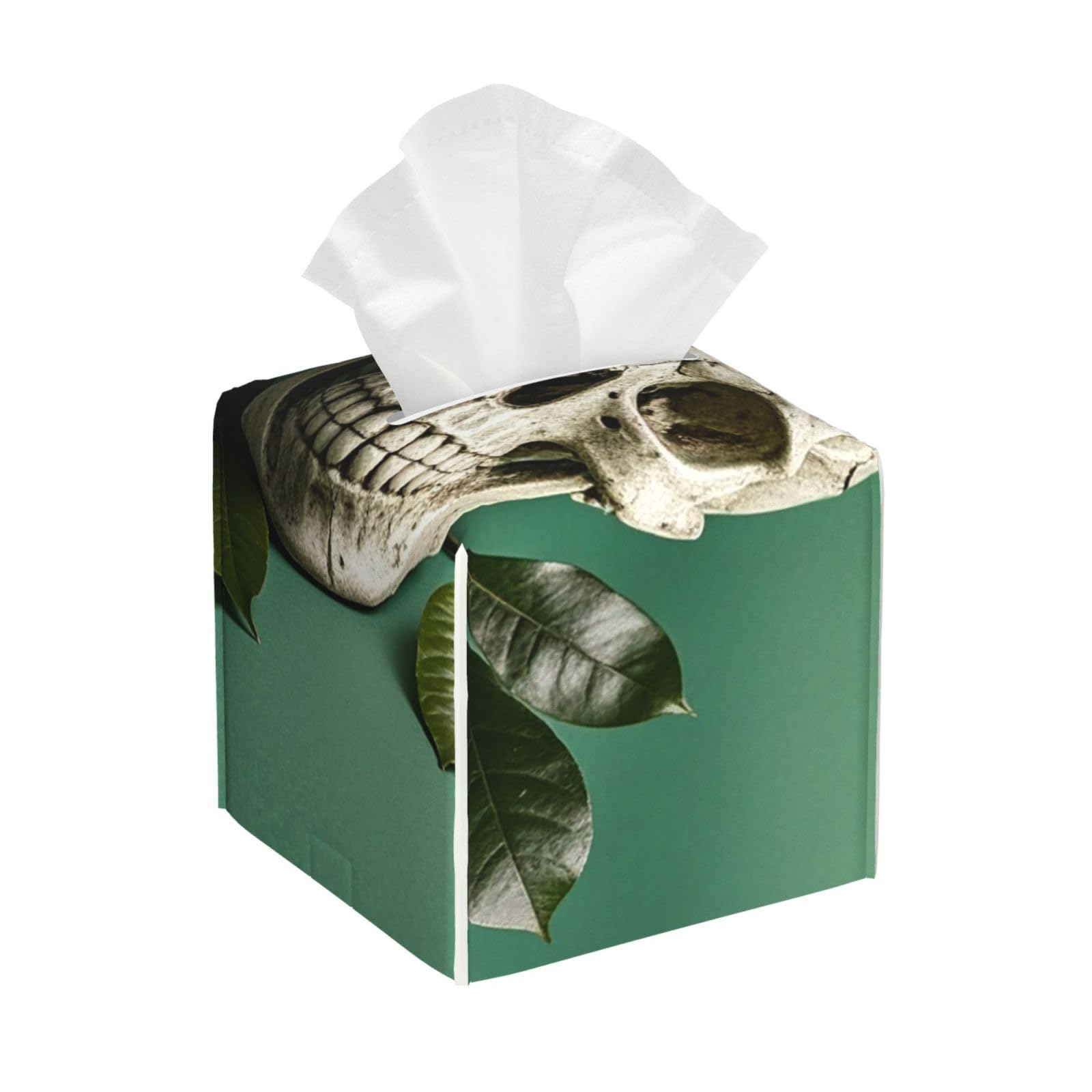 Pu Leather Cube Tissue Box Holders Modern Waterproof Square Tissue Box Cover Green Background Skull and Leaves Facial Paper Holder for Bathroom Kitchen Nightstand Office Home Decor