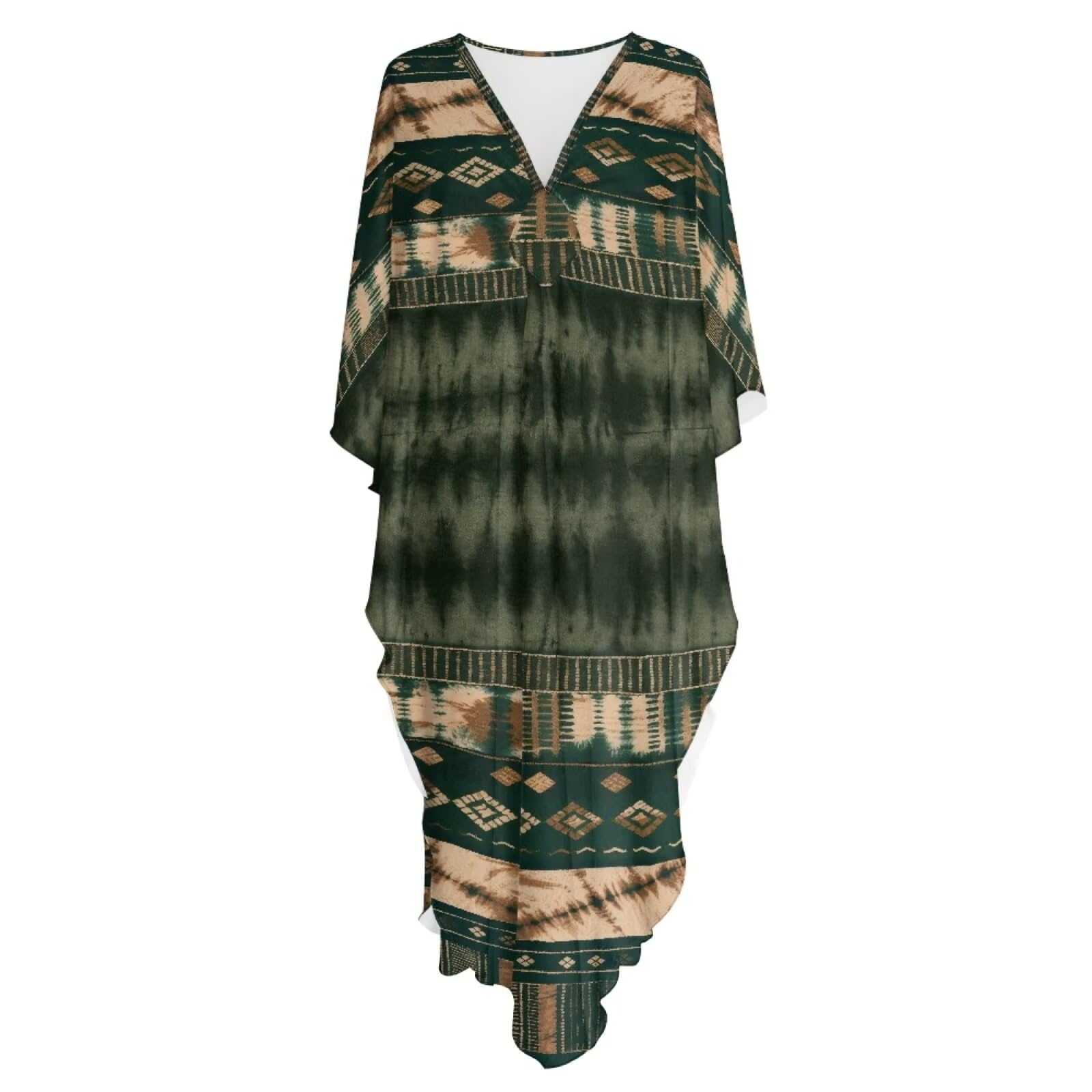 Poceacles Damska sukienka kaftanowa tie-dye wzór plus size sukienka boho z rękawami nietoperzowymi zwiewna kaftan okrycie plażowe