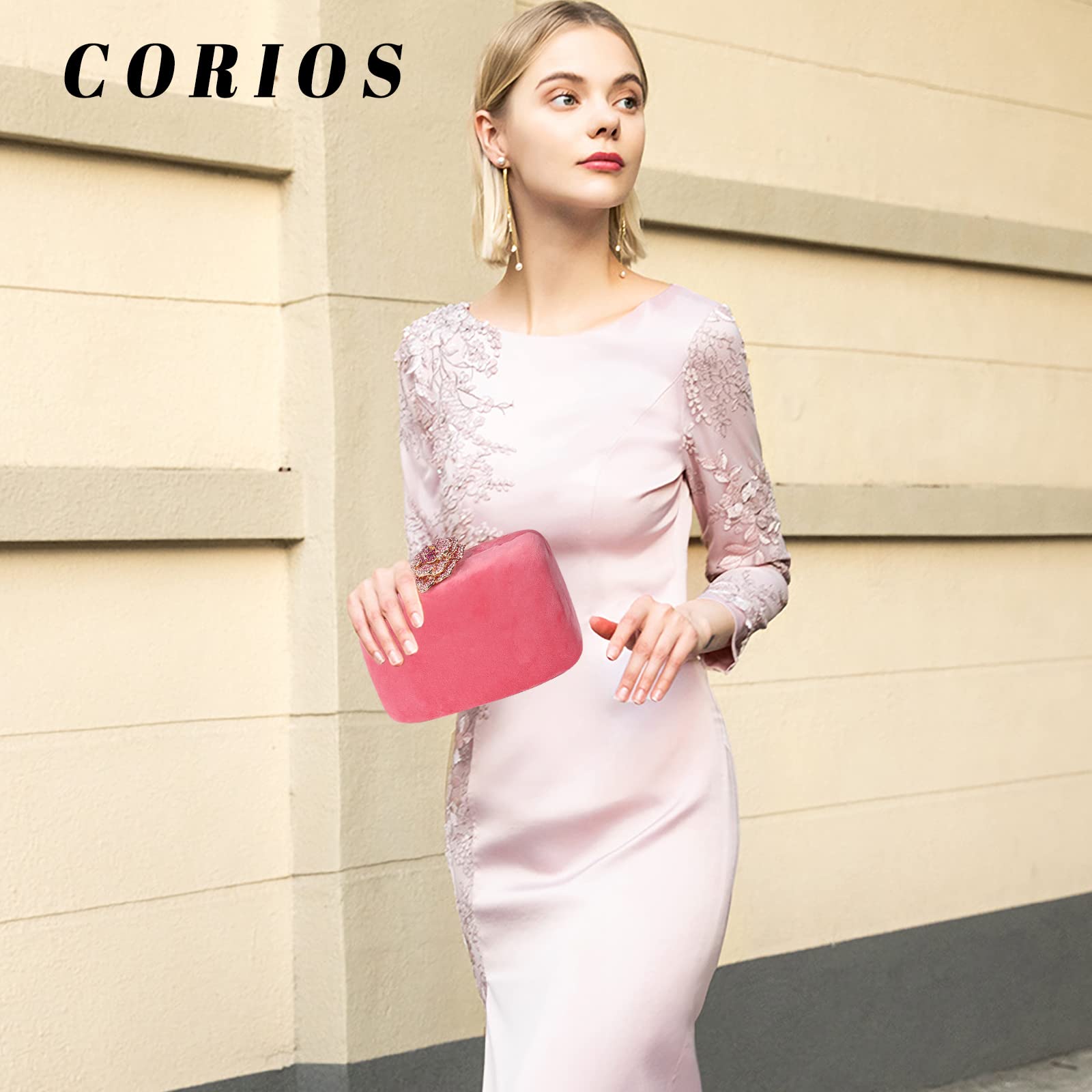 CORIOS Bolso Fiesta para Mujer Terciopelo Bolso de Noche Bolsa de Cadena Brillante Bolso de Hombro Boda Cartera de Mano Elegante Bolso Bandolera para Fiesta de Graduación Banquete Boda Rosa