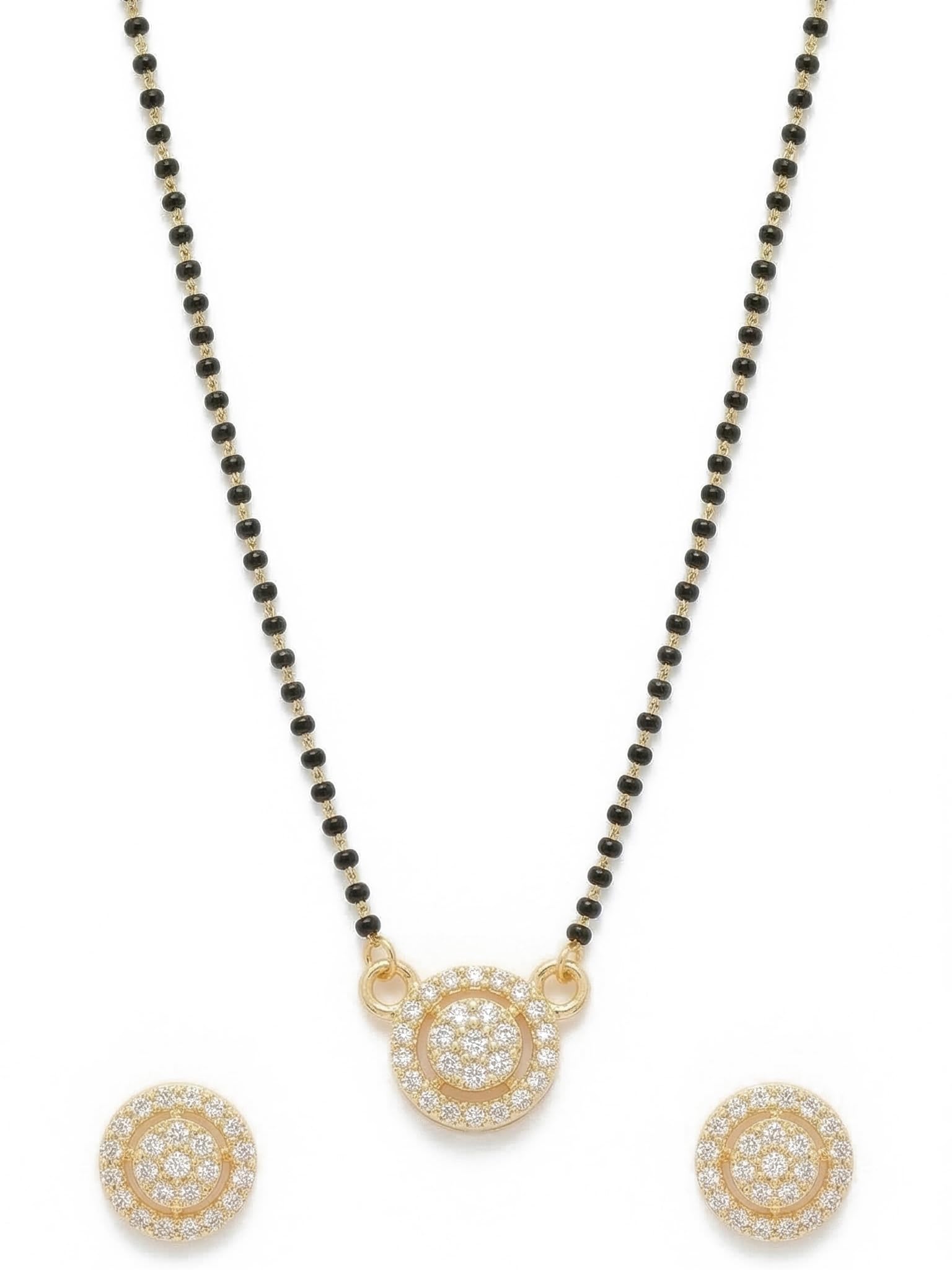 Gold Plated 18 Inch Traditional lightweight American diamond Stylish black bead Morden Mangalsutra Tanmaniya with Matching Earrings for Women and girls | Daily, Wedding, Party, Gift, anniversary
