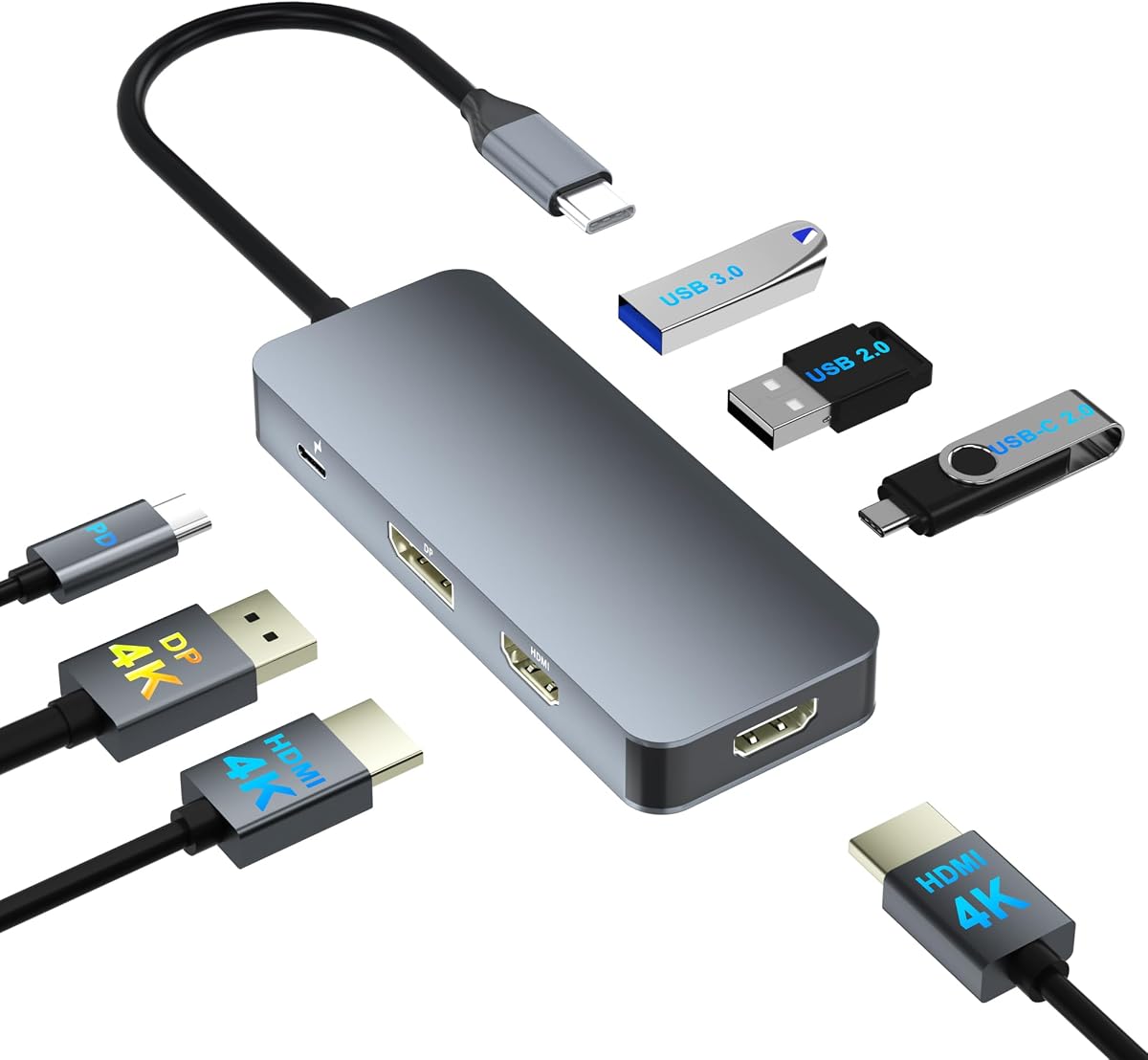 Estación de acoplamiento para monitor dual para Dell/HP/Mac, estación de acoplamiento para computadora portátil 7 en 1, 3 monitores con 2 HDMI 4K@60Hz/Displayport/3 USB/100W PD, adaptador de monitor dual, adaptador HDMI dual para 2 monitores, concentrador USB C