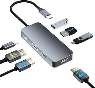 Docking Station Dual Monitor for Dell/HP/Mac, 7 in 1 Laptop Docking Station 3 Monitors with 2 HDMI 4K@60Hz/Displayport/3 USB/100W PD, Dual Monitor Adapter, Dual HDMI Adapter for 2 Monitors, USB C Hub