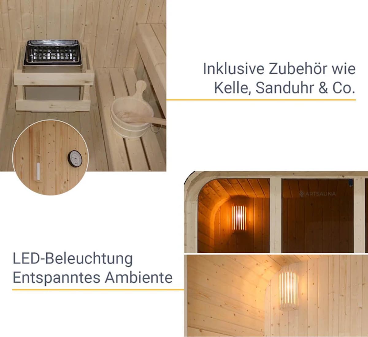 Outdoor Cubesauna Holz Sauna Finnland 228x180 cm – Gartensauna Komplett Set für 6 Personen mit 9 kW Saunaofen, LED Licht, Saunazubehör & Bitumen Dachschindeln