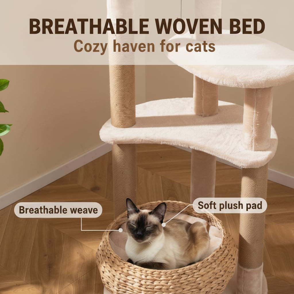 Tangkula Modern Cat Tree, 65 Inch Tall Cat Tower with Jute Scratching Posts, Dangling Balls, Cattail Basket Bed & Top Perch, Removable & Washable Cushions, Aesthetic Cat Tree for Indoor Cats