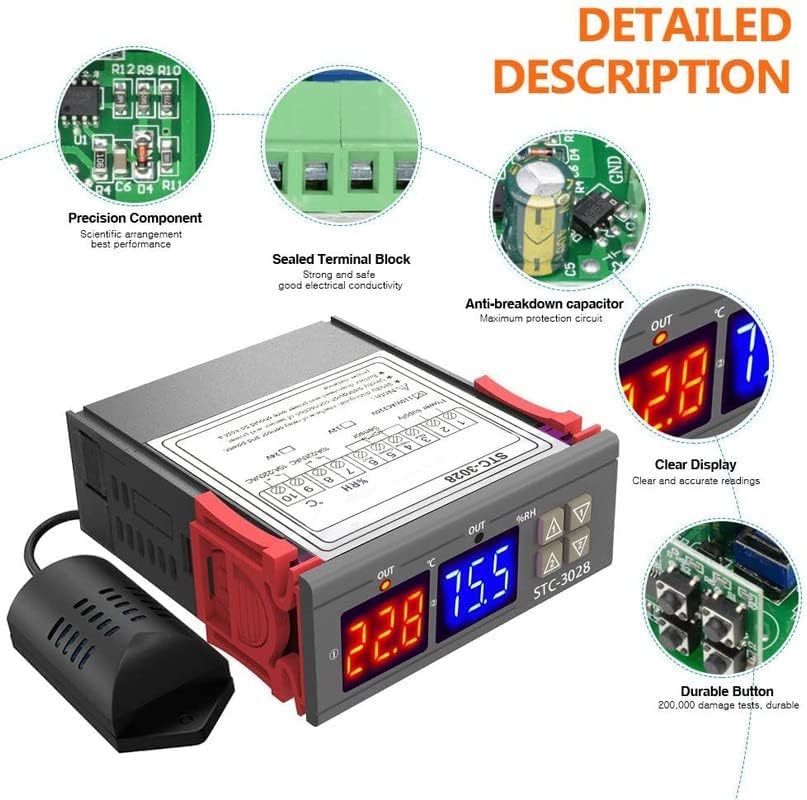 Image of Digital LED Display Temperature & Humidity Controller With Thermostat Control Switch NTC Sensor Probe Thermostat Adjustable Dual Display Thermometer For Egg Incubator (STC-3028)