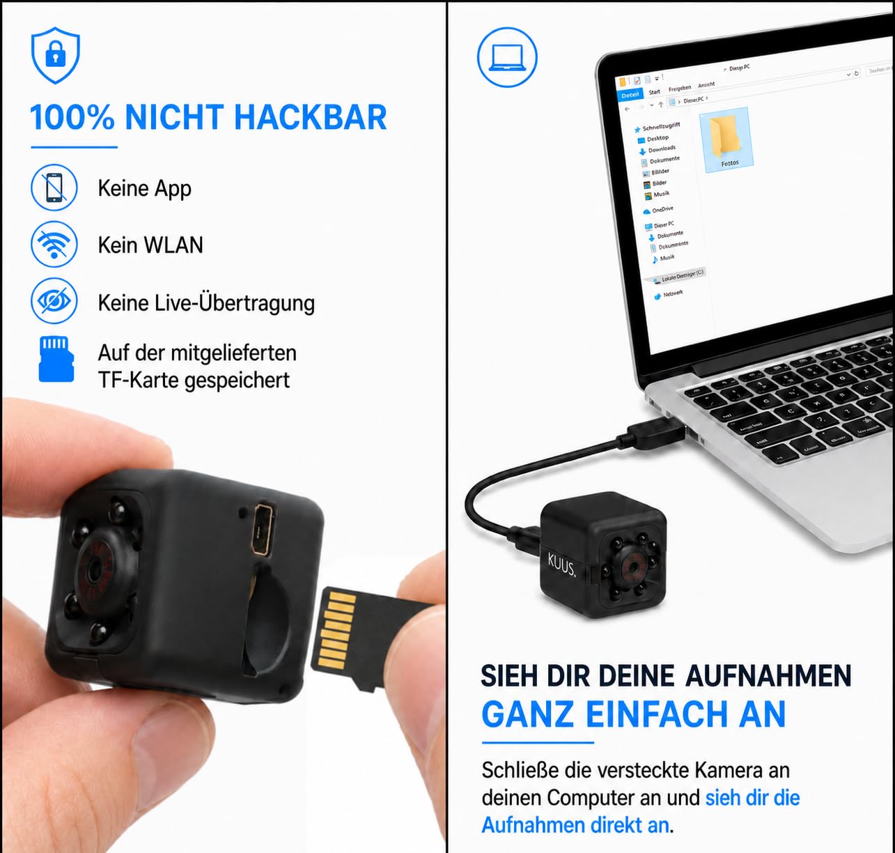 KUUS.® C1 Mini Überwachungskamera 2,3 cm | Kamera überwachung innen mit Nachtsicht & Bewegungsmelder | Full HD 1080P Micro Camera ohne WLAN mit aufzeichnung 32-GB SD Speicherkarte für Innen