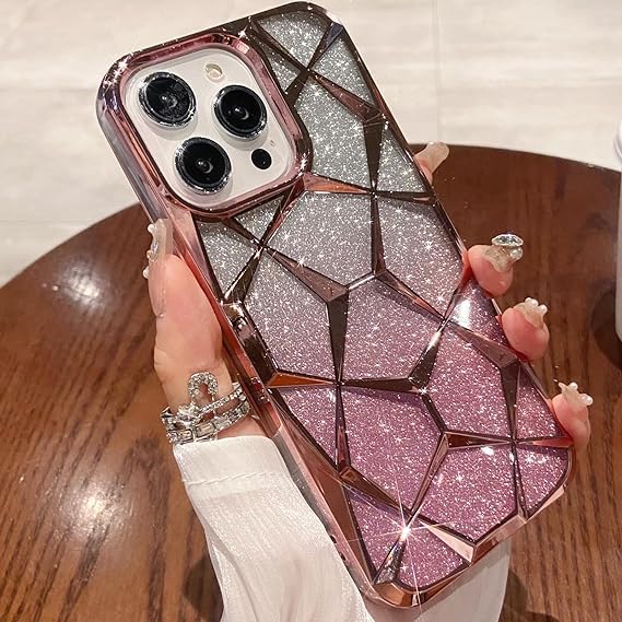 Image of VONZEE Compatible with iPhone 15 Pro Max Gradient Glitter Case, Luxury Electroplated 3D Cube, Diamond Bling Shiny Soft TPU Clear Shockproof Case Women Girls Protective Phone Cover (Rose Gold)