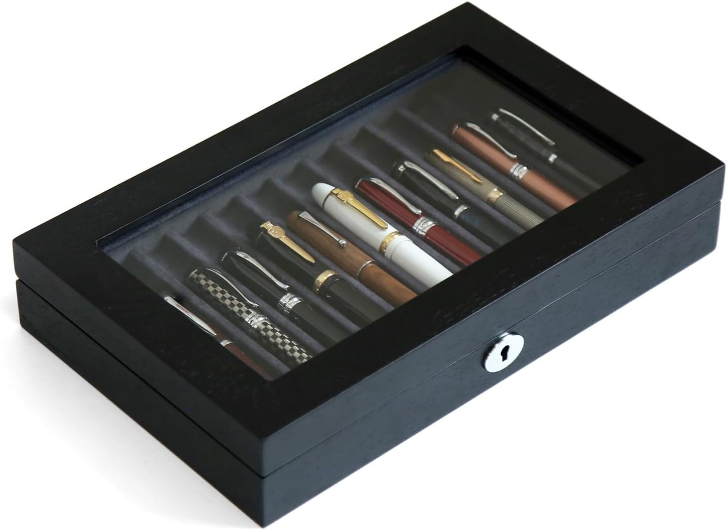 Wood Pen Display Case 12 Pens, Fountain Pen Display Box, Lockable Pen Storage Box with Glass and High-End Hardware, Pen Box Organizer, Pen Collection Display Case (Black with Gray Velvet)