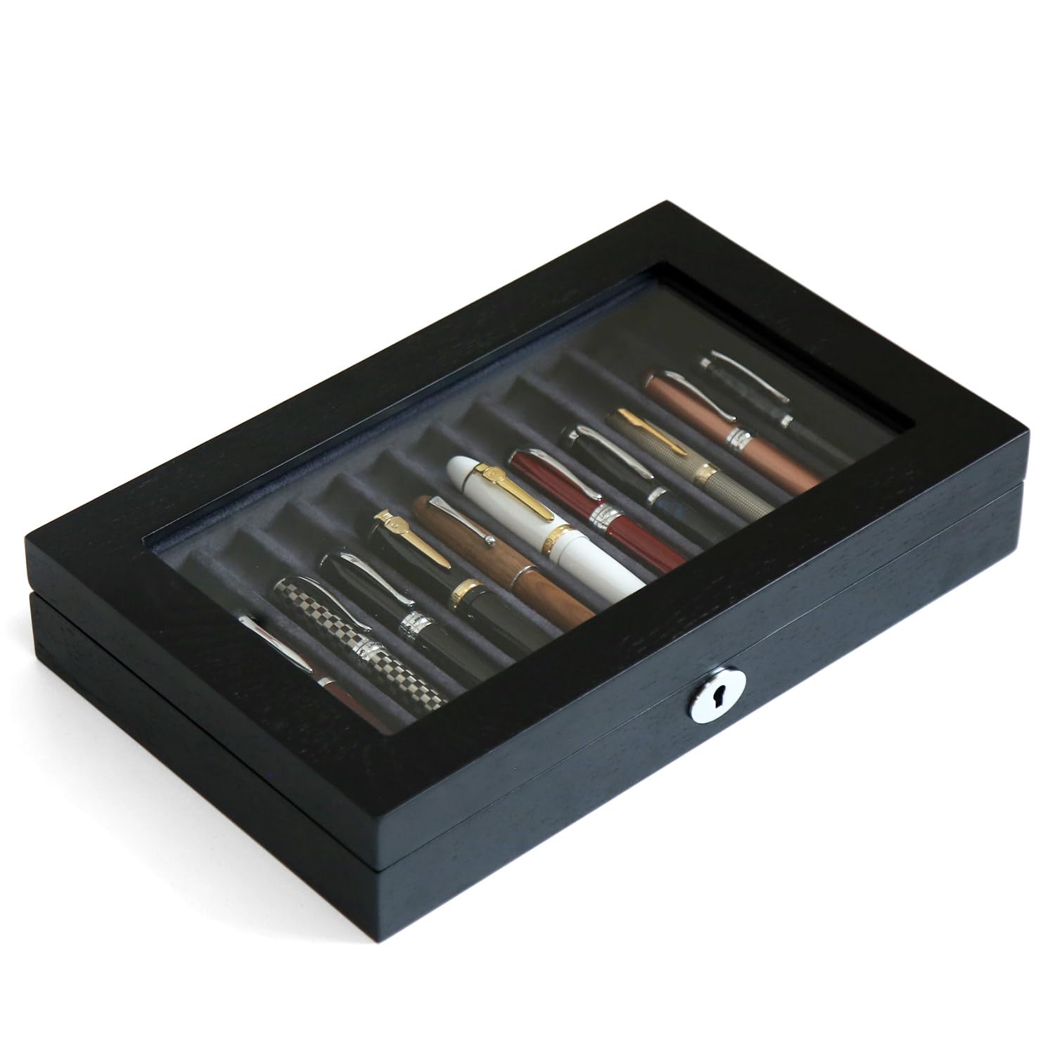 Stift-Vitrine aus Holz, 12 Stifte, Füllfederhalter-Präsentationsbox, abschließbare Stift-Aufbewahrungsbox mit Glas und High-End-Hardware, Stiftebox, Organizer, Stiftsammlungs-Vitrine (schwarz