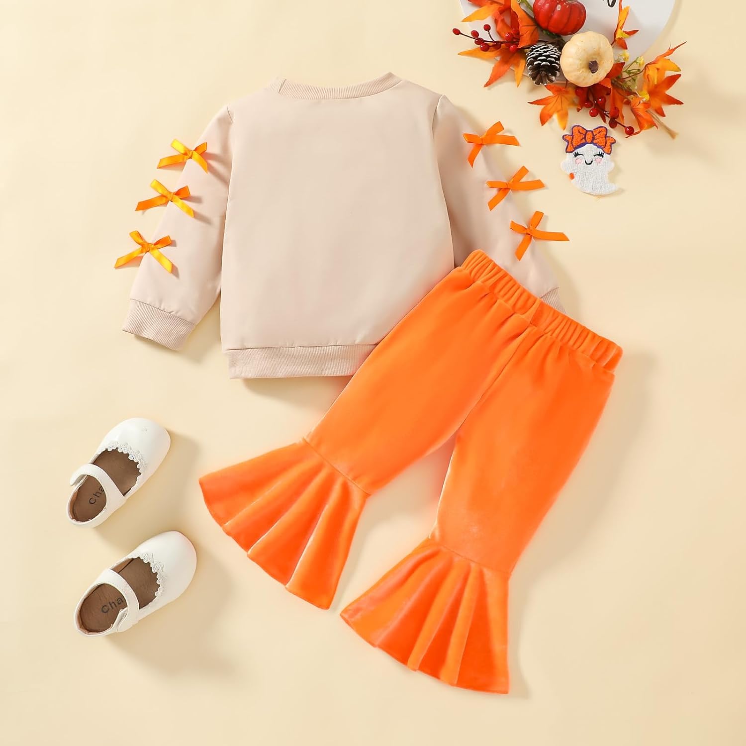 Toddler Girl Halloween Outfit Embroidered Pumpkin/Ghost Sweatshirt+Velvet Flared Pants 2PC Clothes Set
