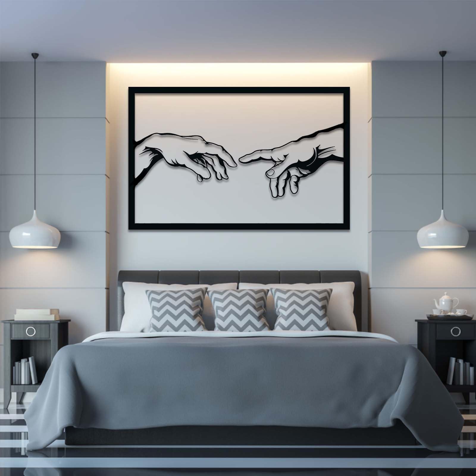 Arte Mural de Metal, Creación de Adán, Arte de Dios, Decoración bíblica, Living (Plateado, 121 x 78 cm)