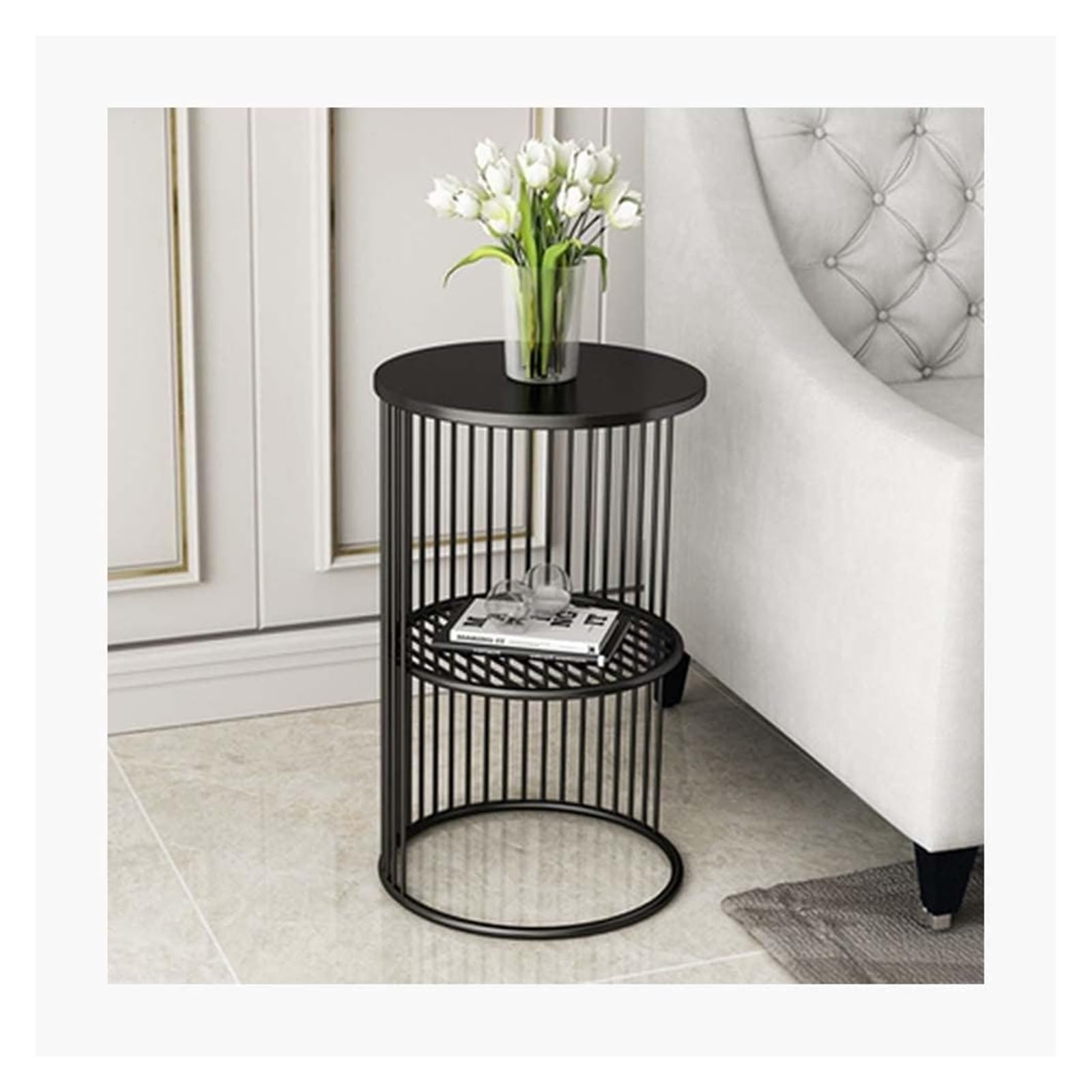 Simple Sofa Side Table, Creative End Metal Coffee High Temperature Paint Process Light Luxury Small Round Bedroom Bedside Nightstand Double-Layer Storage Space(Black)