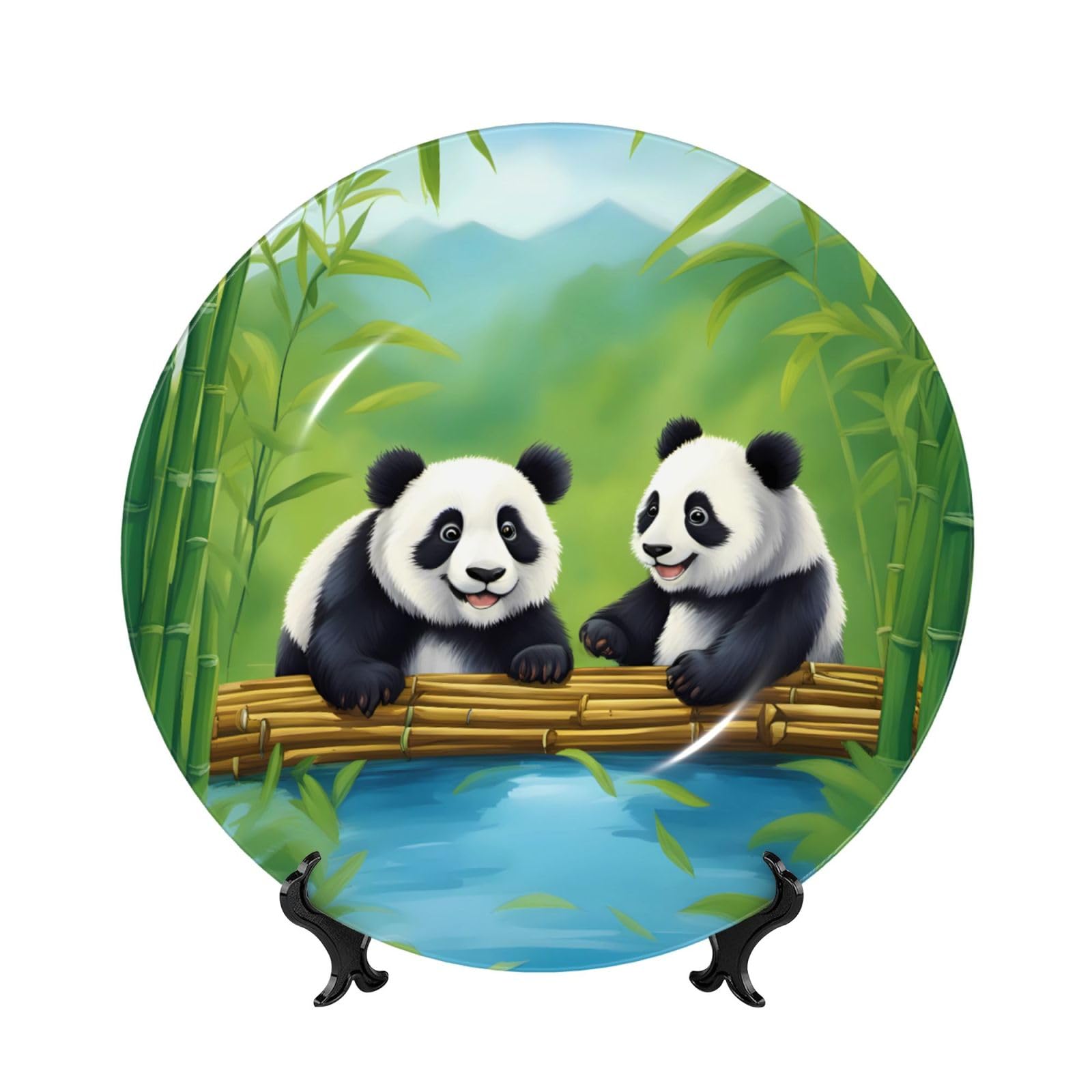 SXZVVBN two cute pandas Bone China Decorative Plate Art with Stand Removable Adhesive Hanging for Home Office 7in