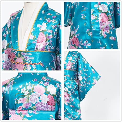 Elibelle Japanese Traditional Dress Kimono Robe For Kids Girls Costume Silk Folding Fans Hairstick Set(Blue1Type110Cm) #TOP2