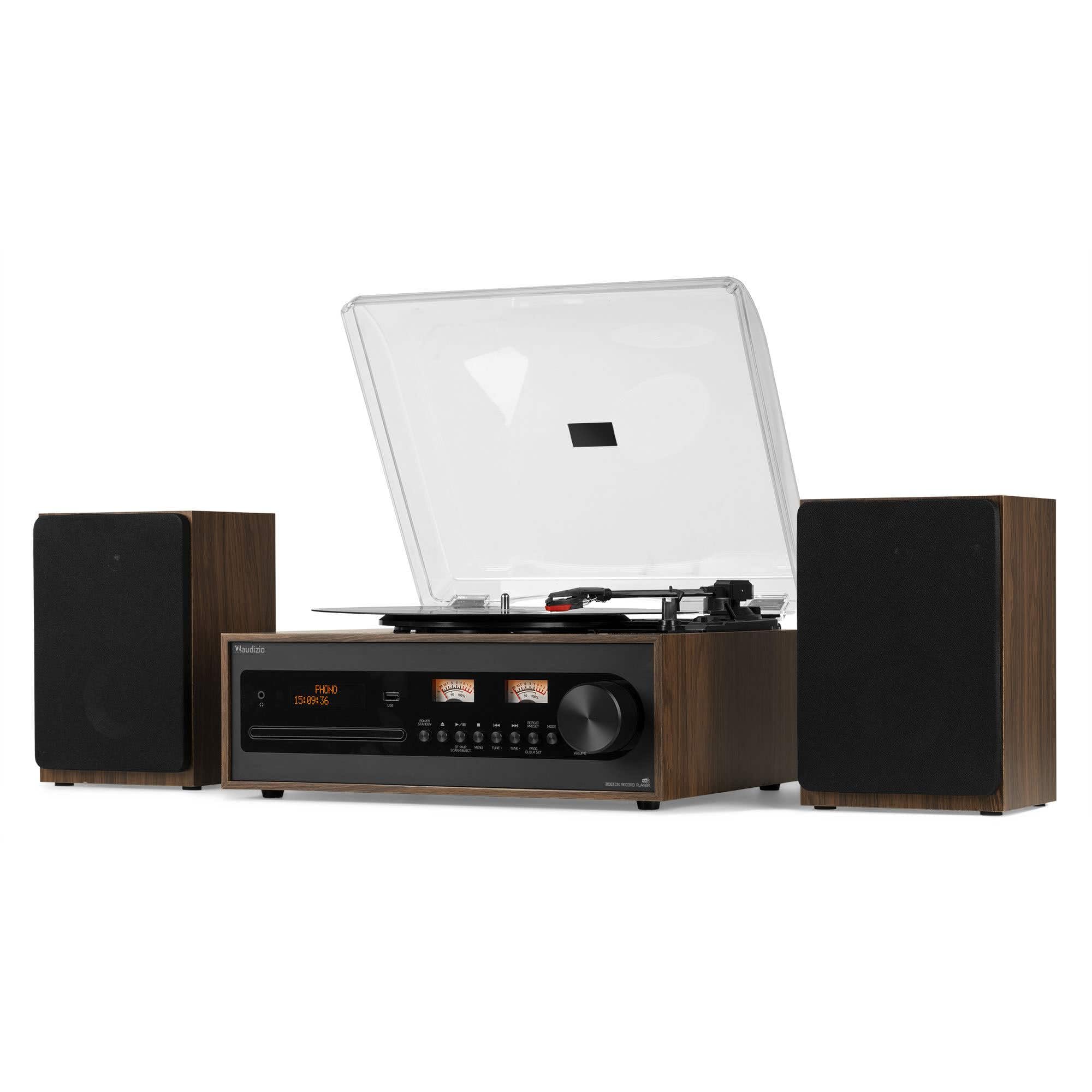 Audizio Boston Retro HiFi Giradischi Bluetooth CD MP3 USB, Radio Dab+, Altoparlanti Stereo, Ingresso AUX, Uscita Cuffie, 3 velocità, Telecomando e Vummetri illuminati
