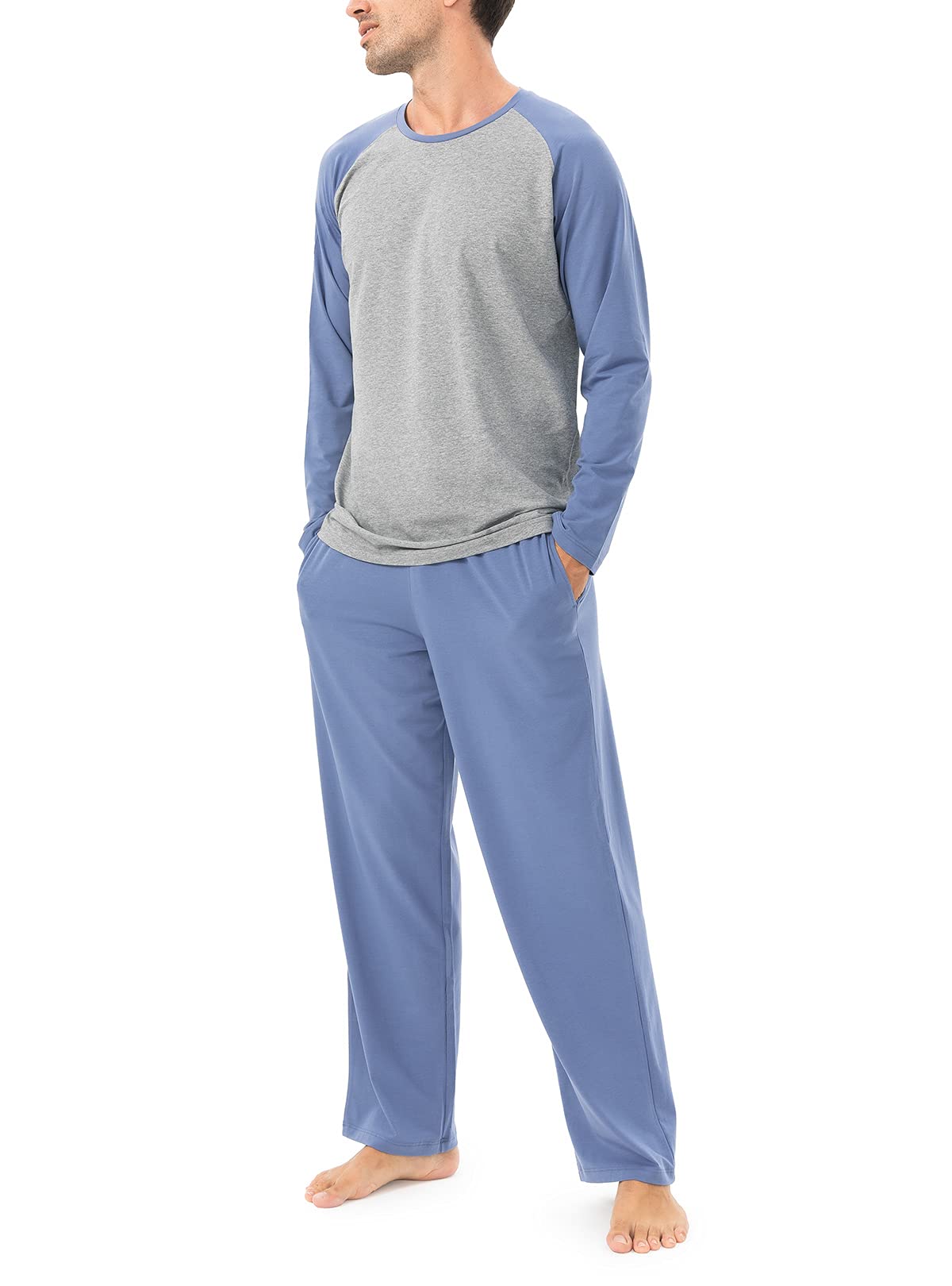 Men's Cotton Raglan Sleepwear Long Sleeve Top & Bottom Pajama Lounge Set