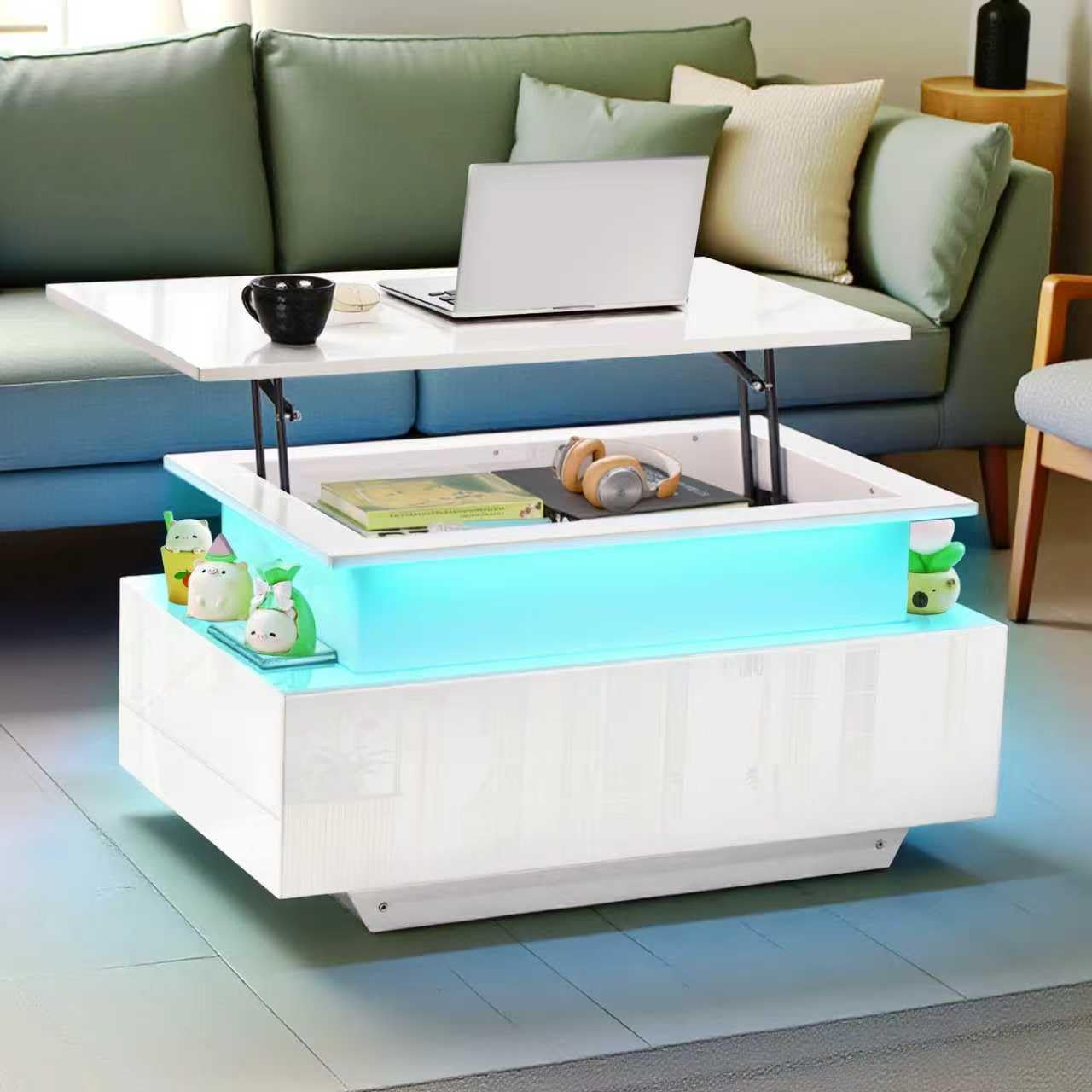 Mesa de Centro Regulable en Altura, Mesa de Salón Brillante Moderna, Mesa Elevable Salon Led, Estante Abierto y 2 Cajones, 85 x 50 x 45 CM, Blanco