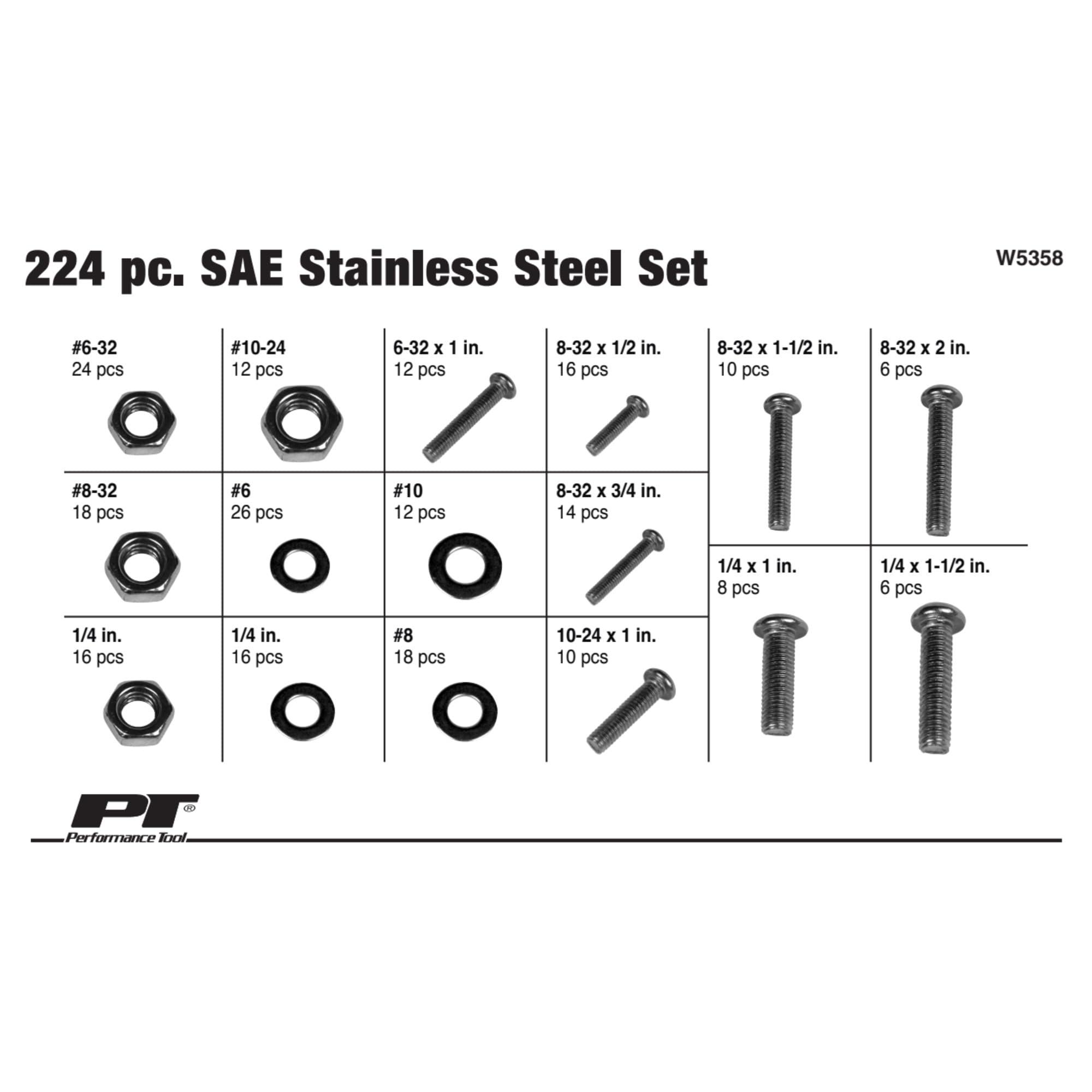 Performance Tool W5358 Assortiment de 224 pièces en acier inoxydable avec étui