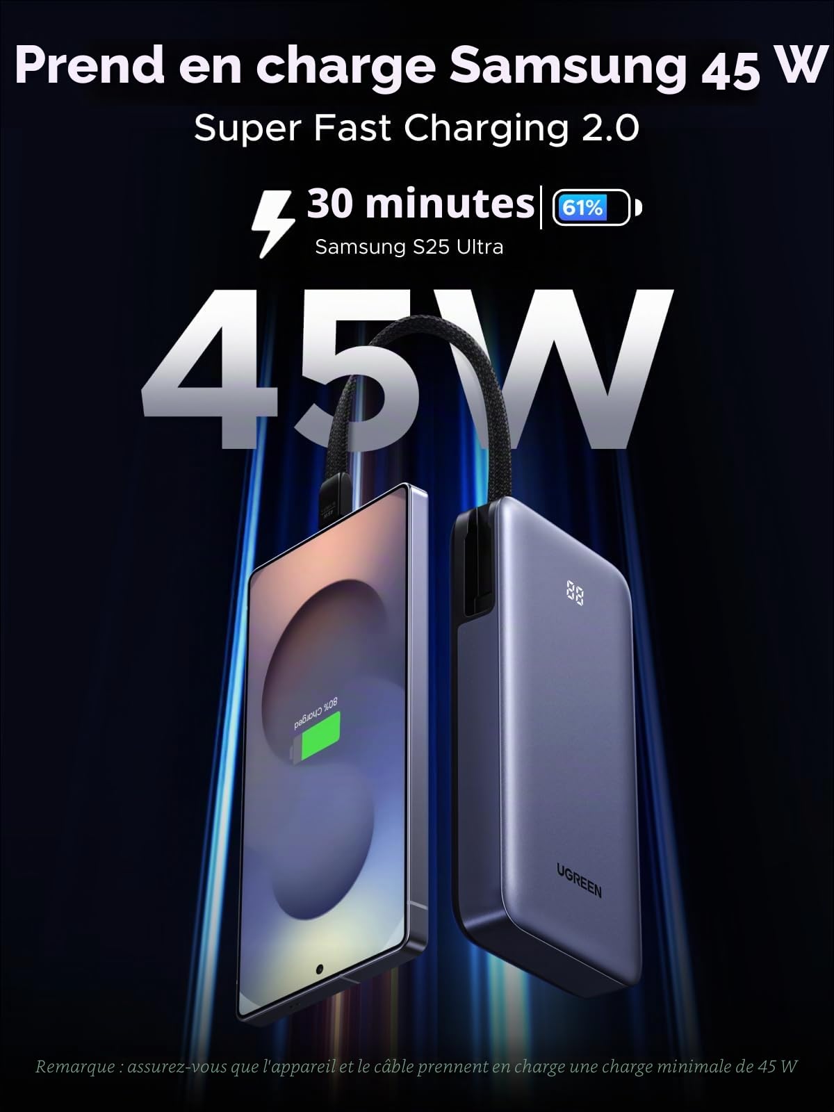 UGREEN 45W Chargeur USB C 3 en 1 avec 45W Power Bank 20000mAh Câble USB C Intégré