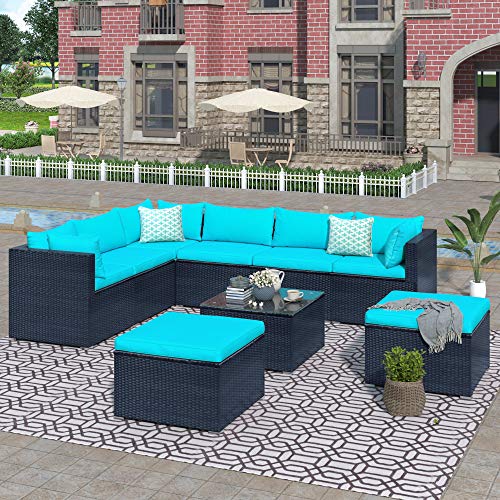 Emkk 9-Piece Outdoor Patio Rattan Conversation Sectional Sets, 3 Corner Sofa, 2 Ottomans, And 1 Glass Coffee Table, Removable Soft Cushions Wicker, Black+ Blue #TOP3