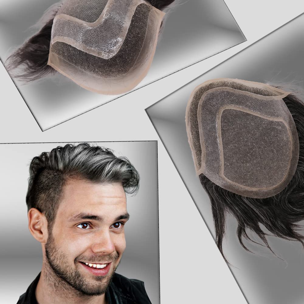 Men toupee Toupee for Men Wigs Hand Tied Swiss Lace Front with Monofilament and Poly Coating Around European Human Hair Replacement Systems Man Hairpiece 10x8 inches(1B Mixed 20% Grey White