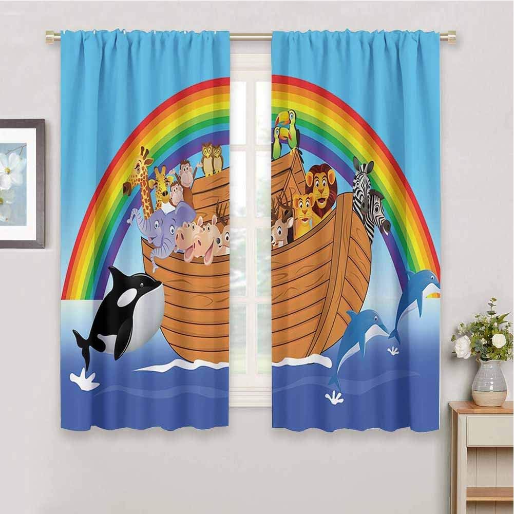 Noahs Ark Decor Collection Kids Curtain, Curtains 84 inch Length Noahs Ark with Funny Animals Dolphins Swimming Artistic Design Daily use Peru Blue Red Yellow W84 x L84 Inch