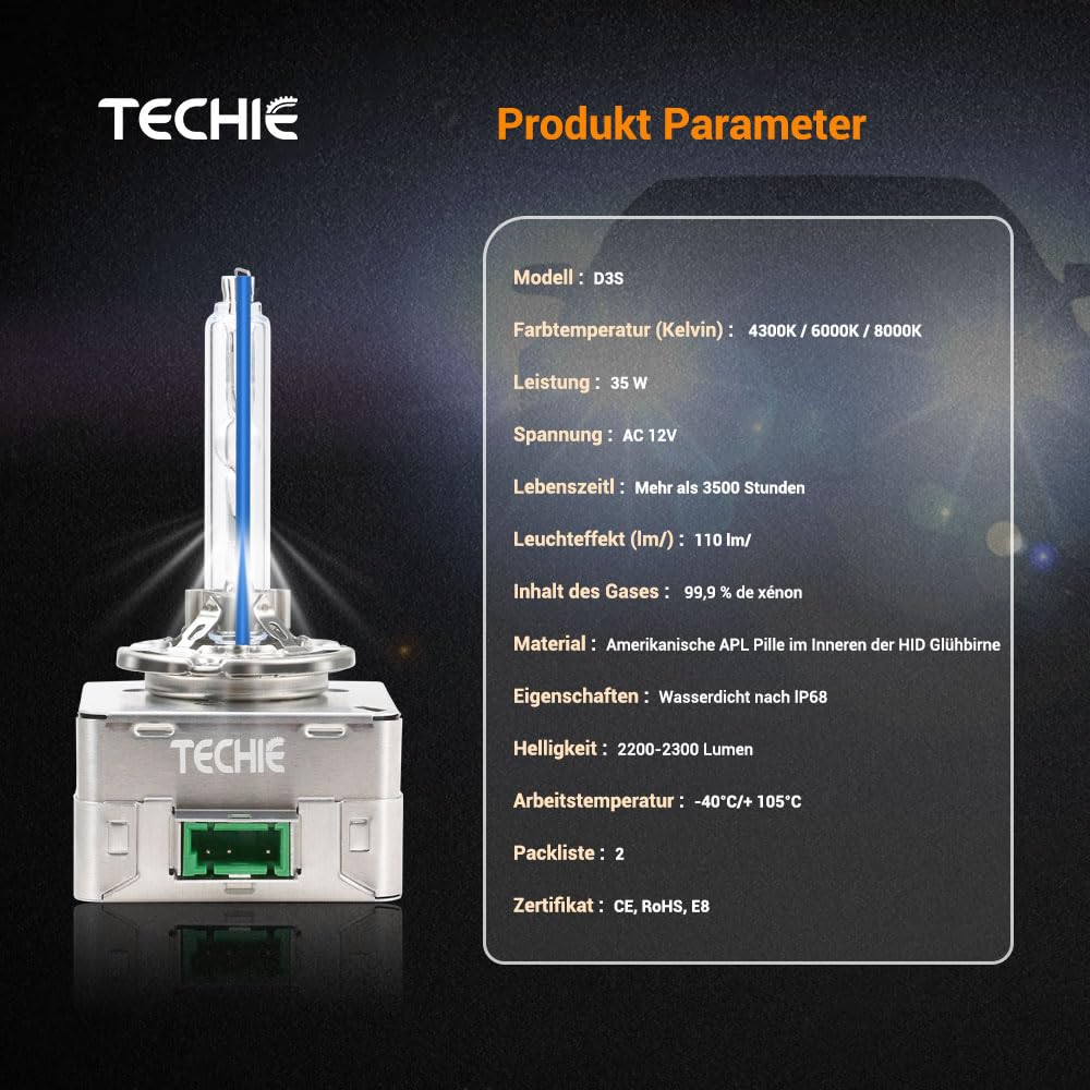 Techie D3S Xenon Brenner 8000k, 12V 35W Xenon Auto Scheinwerferlampe, Kaltblau Aluminium Fahrzeugscheinwerferbirne, HID Entladungs Lampe Ersatz Kit– 2 Stück (D3S-8000K)