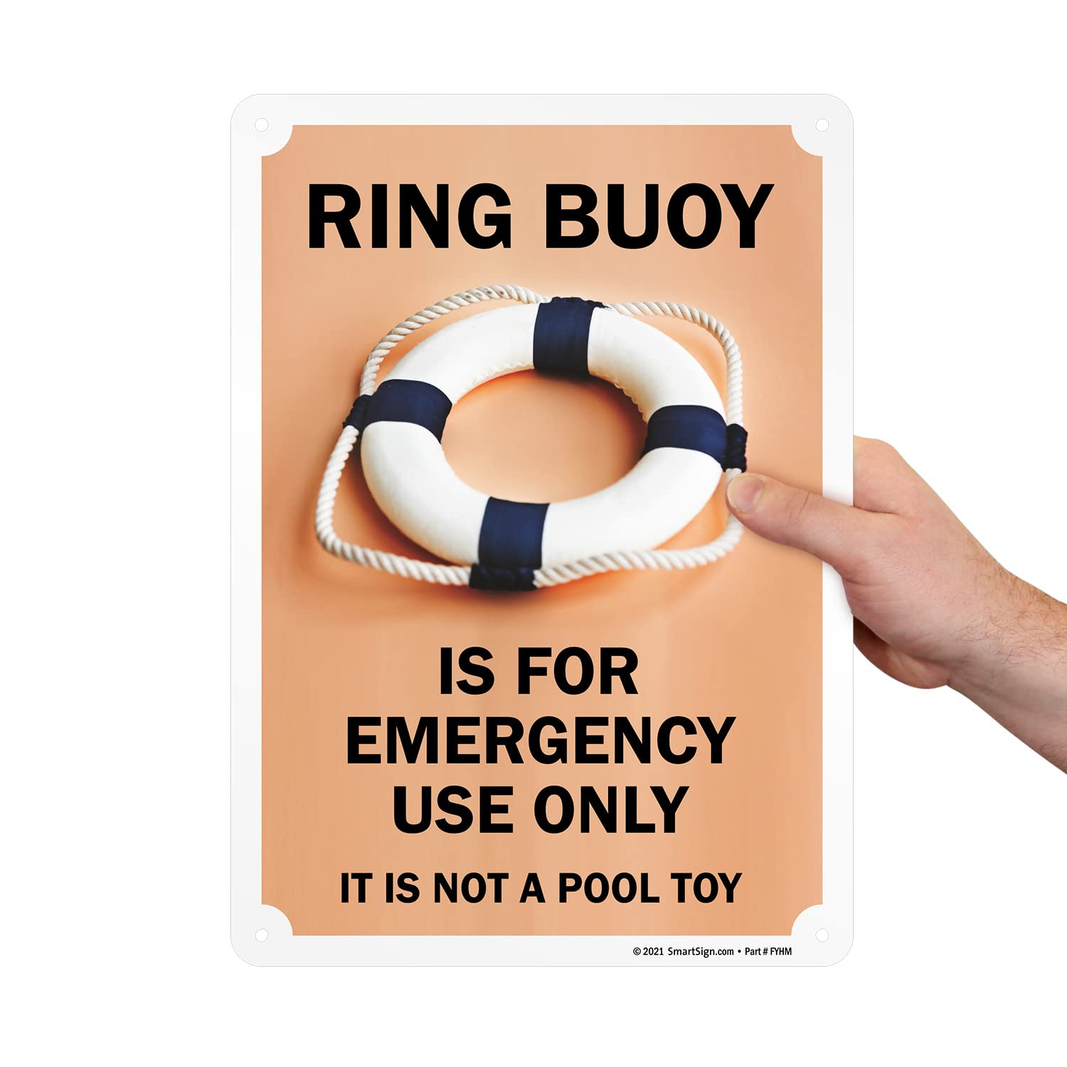SmartSign Letrero de metal con texto en inglés "Ring Buoy For Emergency Use Only, Not A Pool Toy" de 35,5 x 25,4 cm, serigrafiado, aluminio laminado inoxidable de 40 mil, marrón, negro y blanco