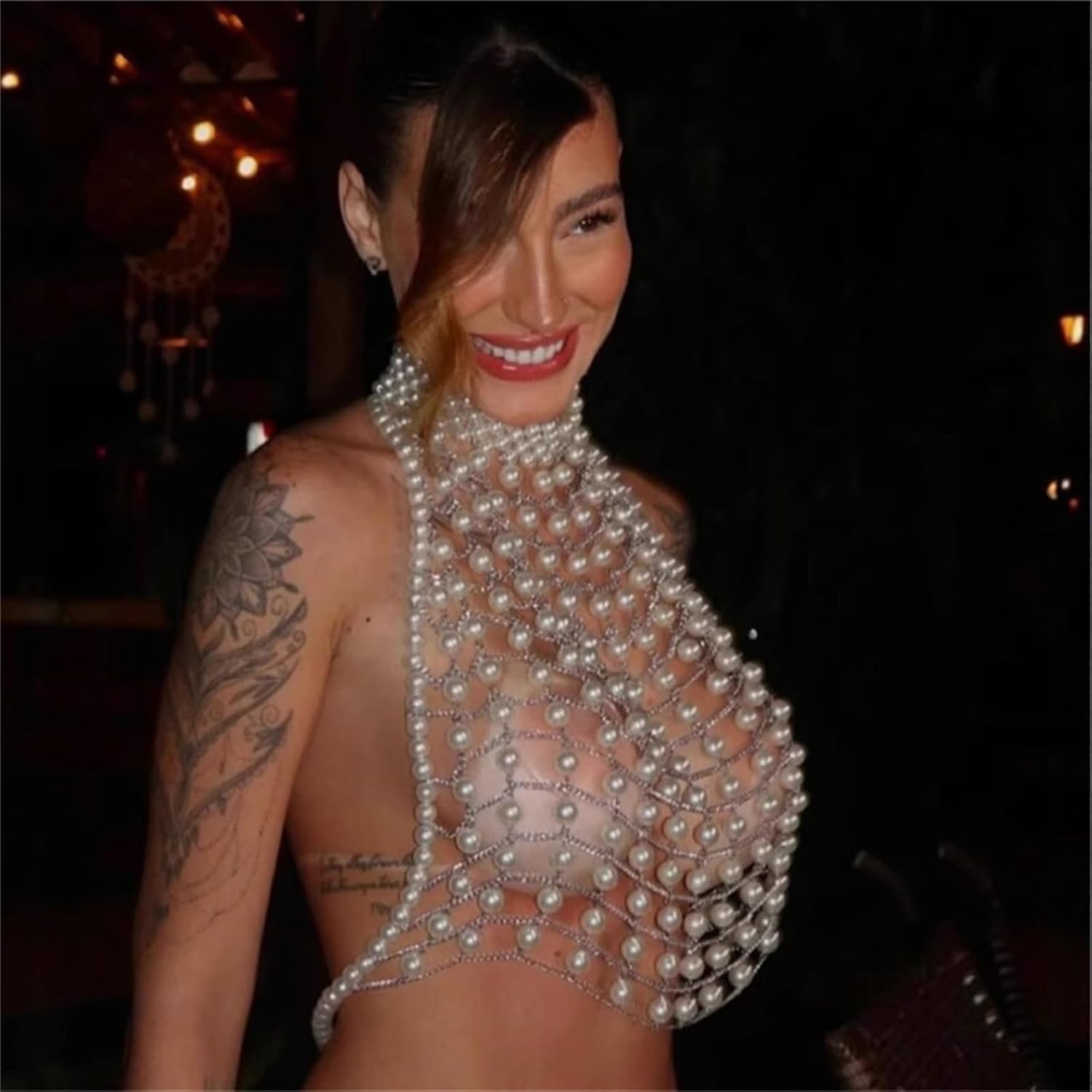 Luxury Pearl Beaded Halter Crop Top, Gold Chain Detail, White Pearl Embellished LQAB015