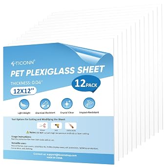 TICONN 12PK 12" x 12" PET Plexiglass Sheets, Clear Plastic Sheet, Easy to Cut Thin Flexible PET Plastic Sheeting Panels for DIY Art Projects, Crafts, Picture Frames, Signs